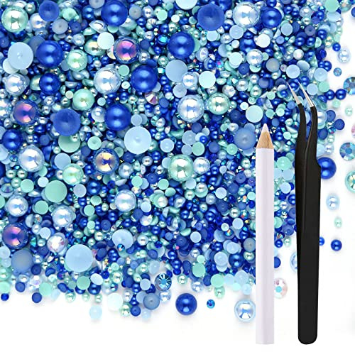 ASTARON 50g Mezcla de diamantes de imitación con reverso plano Medias perlas para manualidades Tamaño mixto 3 mm-10 mm, Perlas con reverso plano para vasos de bricolaje Tazas (Serie azul)