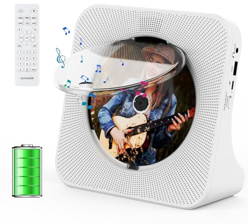 Gueray Lecteur CD Portable Bluetooth 4000mah de Bureau pour la Maison avec Deux Haut-parleurs, Télécommande, Housse Anti-poussière, Affichage Radio FM, Minuterie, USB aux