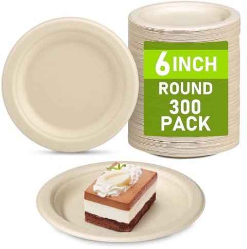 Uniecocus Compostable Paper Plates Bulk, 300 Pack Small 6 inch Eco Friendly Disposable Dessert Plates
