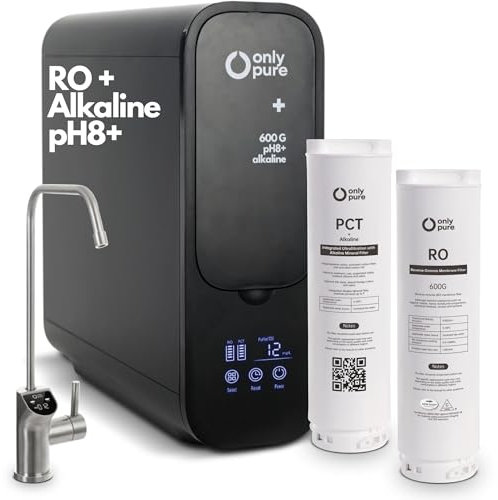 OnlyPure Reverse Osmosis System with Alkaline Filter, 600 GPD Fast Flow, NSF/ANSI 58 & NSF/ANSI/CAN 372 Certified, 2:1 Pure to Drain, Tankless Under Sink RO Water Filter System, Smart Faucet