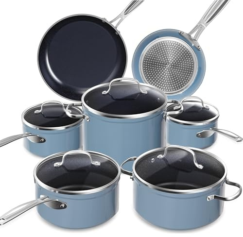 Nuwave Induction Ready Cookware Set 12 Pieces G10 Duralon Blue Ceramic in Cozy Blue, Non Stick Pots and Pans, Kitchenware Cooking Set, Cookware with Lids, Saucepan Pots and Frying Pans, PFAS Free