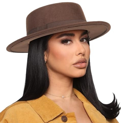 Pork-Pie-Fedora-Hat Wide Brim Felt Flat-Top-Boater Hat for Men Women(Size:M)