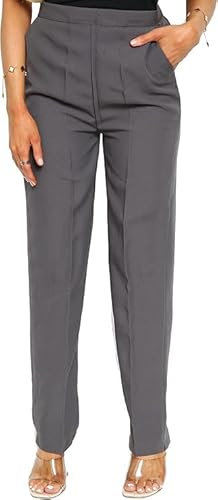 YAHOMI® Ladies Womens Half Elasticated Stretch Waist Work Office Trousers 2 Pockets Formal Pants Front Pockets Trouser Sizes 8 to 24 (UK, Numeric, 20, Regular, Regular, Standard, Grey 29'')