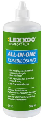 LEXXOO Komfort Plus All-in-One Kombilösung eignet sich zum Reinigen, Desinfizieren, Aufbewahren, Abspülen und Benetzen von weichen Kontaktlinsen und Silikon-Hydrogel-Kontaktlinsen.