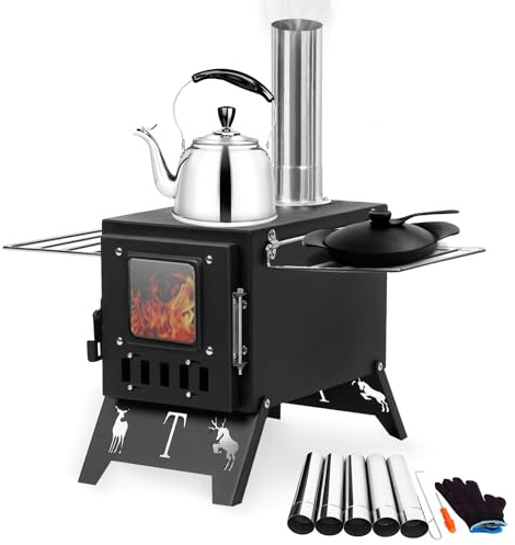 qorkhogr Stufa a legna pieghevole portatile per campeggio, tenda calda con 5 tubi per camino per esterni, campeggio, cucina, riscaldamento, barbecue, escursionismo, pesca, caccia, colore nero