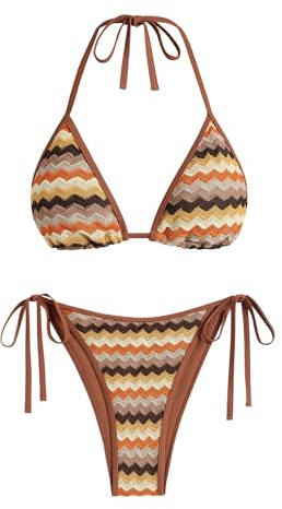 ZAFUL Women's Colorblock Stripes Triangle Halter Tied Cheeky Thong Bikini Set High Cut Two Piece Bathing Suit (1-Coffee, S)