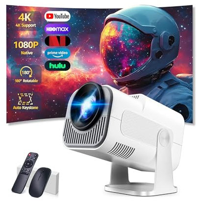 [App integrata & 2026 Upgraded] Proiettore 1080P 4K con WiFi 6 Bluetooth 5.2 Mini Proiettore Portatile Supporta Rotativo a 270°Auto Keystone Projector TV Stick/USB/HDMI/PC con Cavo HDMI & Mouse,Bianco