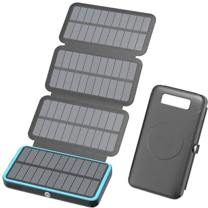 Cargador-Solar-Power-Bank-27000mAh - 22,5W Carga Rápida USB-C Batería Externa Inalámbrica con 3 Salidas USB PD 4.0 QC 3.0 y 4 Paneles Solares para Smartphones Tablets (Azul)