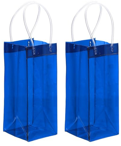PATIKIL Ice Wine Bag, 2 Pcs Portable Collapsible Clear Wine Pouch Cooler Clear PVC Gift Bags with Handles for Champagne Party Outdoor Cold Beer White Wine Chilled Beverages, Sapphire Blue