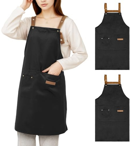 Daelesr 2 Pezzi Grembiule da Cucina Chef Donna Uomo, Grembiule da Lavoro Tela, Grembiuli Cameriere Barbecue Floreali Regolabile con 3 Tasche, Lavabile (Nero)