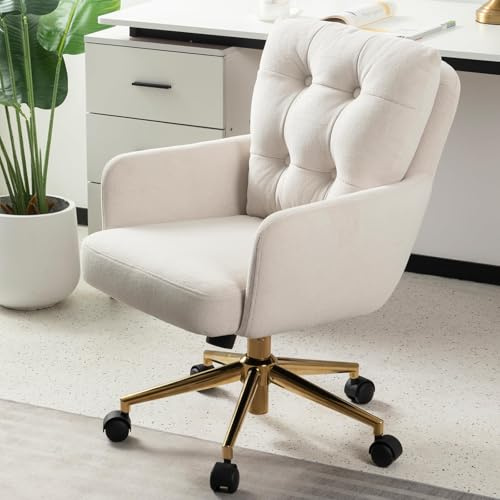TQHOQ Desk Chair Comfy, 360° Swivel Armchair Cute Sweet Style, Upholstered Comfortable Office Chair for Home Office, Study Room, Height Adjustable with Casters and Cushion (Beige)