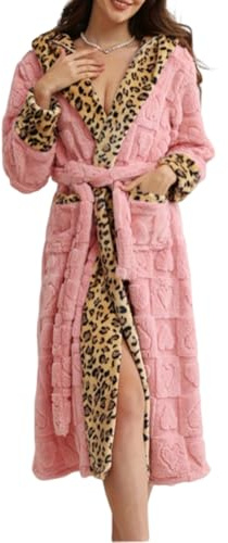 DSAoTeng Peignoir à capuche en peluche pour femme - Imprimé léopard - Automne et hiver - Long peignoir doux en polaire avec col en V et ceinture - Style jacquard rose - Vêtement d'intérieur