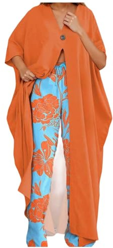 Generisch Set da donna in due pezzi con scollo a V, abbottonatura e pantaloni stampati con coulisse per un comfort casual, Colore: rosso, S