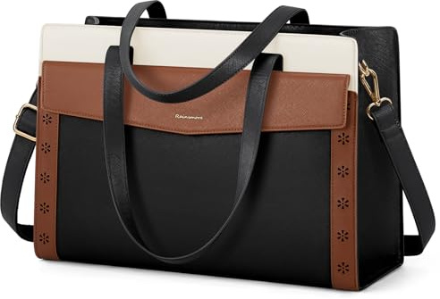 RAINSMORE Laptop Bag for Women 15.6 Inch Waterproof Leather Laptop Tote Large Capacity Computer Briefcase Professional Work Handbag Purse for Business Teacher Office, Black and Brown with White