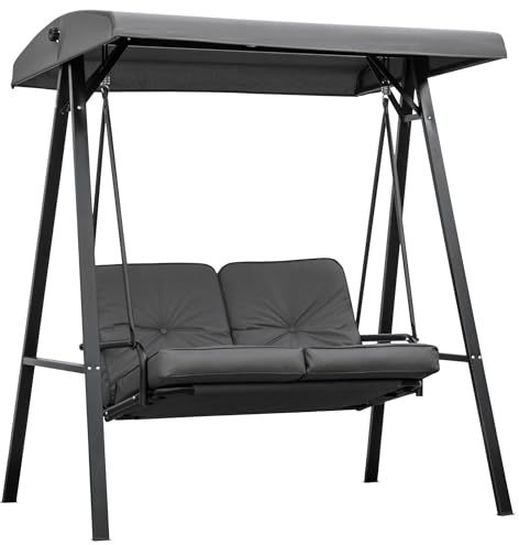 Outsunny 2 Seater Garden Swing Chair with Adjustable Tilting Canopy, Outdoor Hammock Bench with Steel Frame for Patio, 144 x 117 x 173 cm, Grey