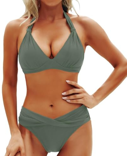 Generico Bikini Donna Mare Due Pezzi Tinte Unite Scollo a V - Costumi da Bagno Donna Bikini Sexy Casual, Beachwear Women Unico Classic Sorgenti Termali Sportiva Surf Verde Militare M