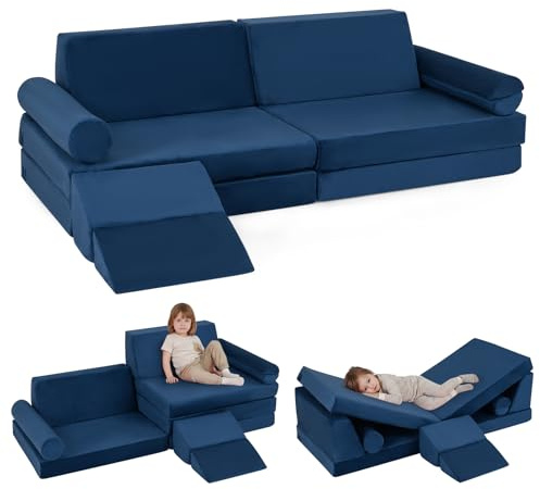 COSTWAY Kids Play Couch, 10-Piece Modular Toddler Soft Climb & Crawl Foam Playset with Machine Washable Zippered Cover, Convertible Children Sofa Bed for Kidsroom Bedroom Living Room (Blue)