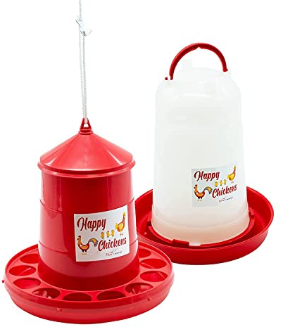 Pack Comedero 4 Kg y Bebedero 5 L para Gallinas y Otras Aves de Corral - Plástico resistente - Incluye Cuerda Cuelga-Tolvas - Incluye Guía Práctica de Alimentación de las Gallinas