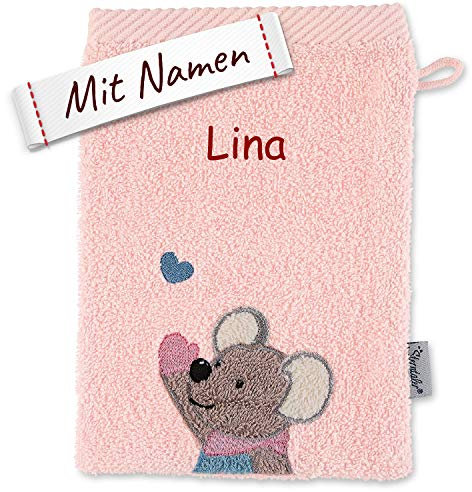 Sterntaler Mabel Kinder Baby Waschhandschuh bestickt mit Namen, Waschlappen personalisiert zur Geburt, Taufe oder als Geschenk zum Geburtstag, Mädchen Herz Rosa