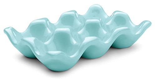 Flexzion Ceramic Egg Holder for Fridge - 6 Cups Egg Tray Half Dozen Porcelain Container Keeper Storage Organizer Decorative Serving Dish Serveware for Refrigerator Countertop Display Kitchen (Blue)