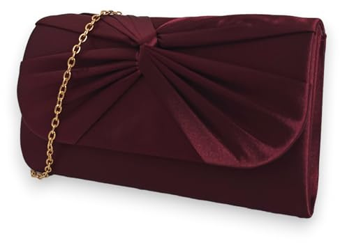 Satin Pleated Style Bridal Prom Wedding Evening Clutch Party Purse Hand Bag (Burgundy/Maroon)