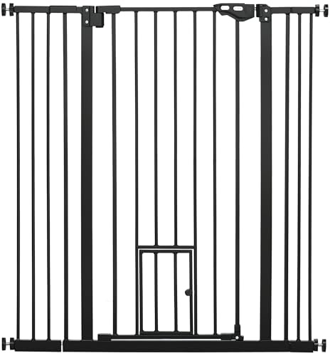PawHut Extra Tall Dog Gate with Cat Door Auto Close for Stairs 74-101 cm Wide