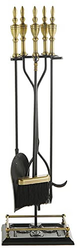 DELURA Ensemble d'outils de cheminée de 80 cm de haut avec poignée en laiton, kit d'accessoires for foyer en fer forgé 5 pièces - pinces/pelle/tisonnier/balai, base carrée antique