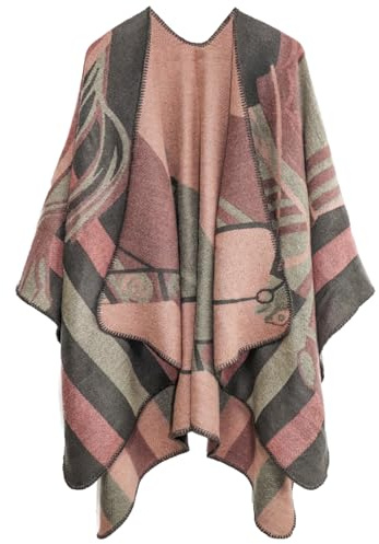 Shmily Girl Poncho Châle Femme Écharpe Cape Épaissie Elégant Chaud Hiver Grand Taille Foulard Chaud Ouverture Cachemire d'imitation Douce Châle(Cheval-Rose)