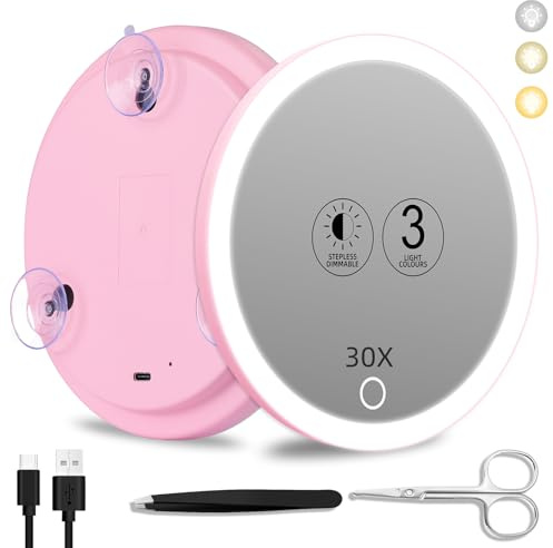 Suupvaor 30x Magnifying Mirror With Light, 3 Colors Dimming Lighted With 3 Suction Cups, Travel Light Up High Magnification Makeup Mirror With Tweezers Scissors