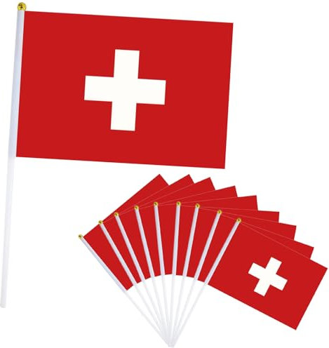 YAAVAAW 10 pièces Mini Drapeau à La Main de Suisse,Petit Drapeaux Suisse Personnalisable Mat,avec Tiges en Plastique,pour Oktoberfest Événements Sportifs,Décoratifs d'extérieur,Fête