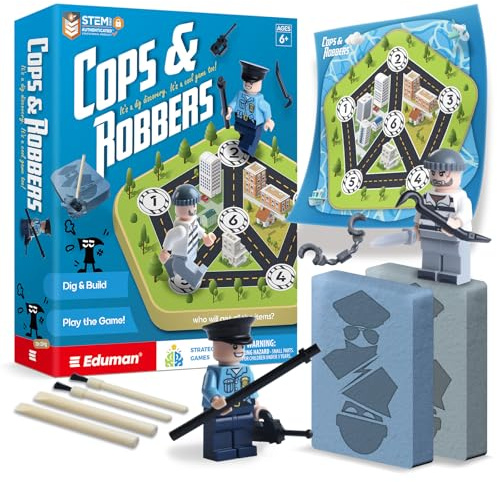 EDUMAN Excavation Set for Children from 6 7 8 9 10 11 12 Years - With Mini Figures: Police & Thief - 2 Play Blocks, Tools & Play Mat - Creative Role Play & Gift for Boys & Girls