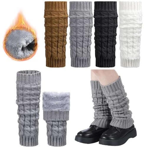 Geyoga 4 Pairs Wome Winter Fleece Lined Leg Warmers Knit Warm Long Leg Knit Thick Boot Socks for Skating Walking