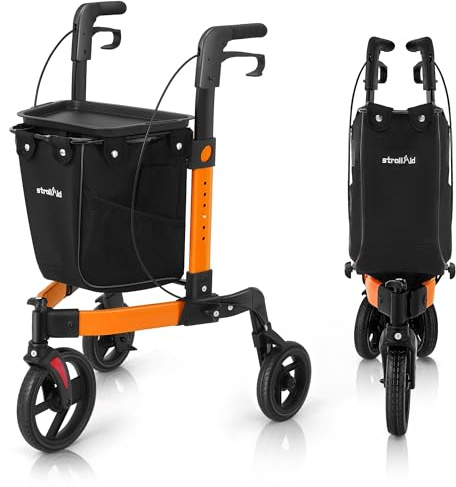 StrollAid 3 Wheel Walkers for Seniors, Foldable Rollator Walker with Tray & Large Storage Bag, 10 Big Wheel for All Terrain, 350 lb Weight Capacity, Orange