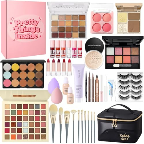 Set Trucchi Donna, Kit Make Up Completo, Tutto in Uno Trousse Trucchi con Palette Ombretto Paletta Correttivi Contouring Fondotinta Mascara Gloss Labbra Liner Occhi Matite Ssopracciglia Borsa Trucco