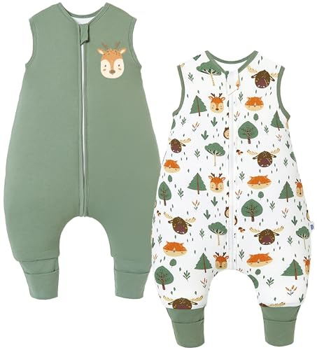 Chilsuessy 2er Pack Baby Schlafsack mit Füßen 2.5 Tog Winter Schlafsack Babyschlafsack mit Beinen Schlafstrampler für Jungen Mädchen, 2.5 Tog/Grün + Wald Tiere, 80cm/Baby Höhe 90-100cm