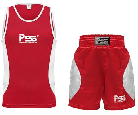 PSS Kids Boxing Uniform Set Sleeveless Tank Top & Shorts Trunks for Boys & Girls Youth Gear Ages 3-14 for Training, Sparring and Kickboxing Lightweight & Breathable (Red, 11-12 years)