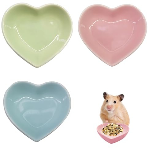 3PCS Pack Hamster Food Bowls, Ceramic Small Pet Feeding Dishes, Heart Shaped Hamster Bowl Set for Hedgehogs Guinea Pigs Rabbits, Pastel Coloured Cage Accessories