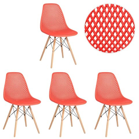 Minimal DECO Sillas de Comedor Modernas Diseño Nórdico con Asiento de Polipropileno Ecológico y Patas de Haya Maciza con Refuerzo Metálico (4, Rojo, Pack de 4 sillas)