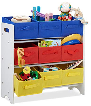 Relaxdays Kinderregal mit Boxen, 9 Faltbare Körbe mit Henkeln, Metallrohre, Spielzeug, MDF, HxBxT: 62x63x28cm, weiß/bunt