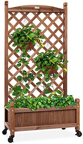 Best Choice Products 60in Wood Planter Box & Diamond Lattice Trellis, Mobile Outdoor Raised Garden Bed for Climbing Plants w/Drainage Holes, Optional Wheels - Walnut