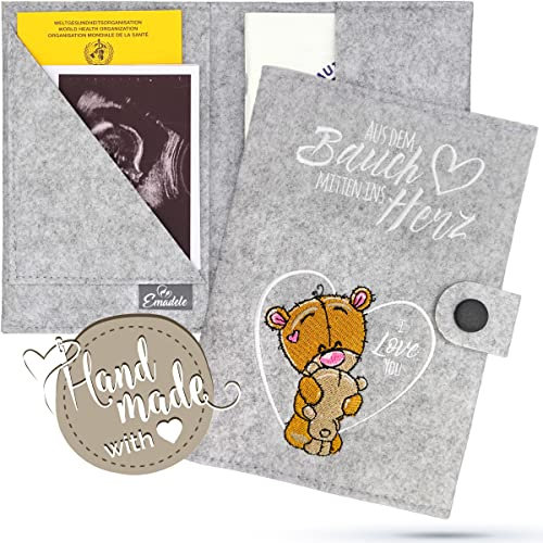 Emadele Mutterpass Schutzhülle Filz Hellgrau Bär 'Aus dem Bauch mitten ins Herz' Mutterpass Organizer Fächer für Ultraschallbilder, Impfpass-Hülle