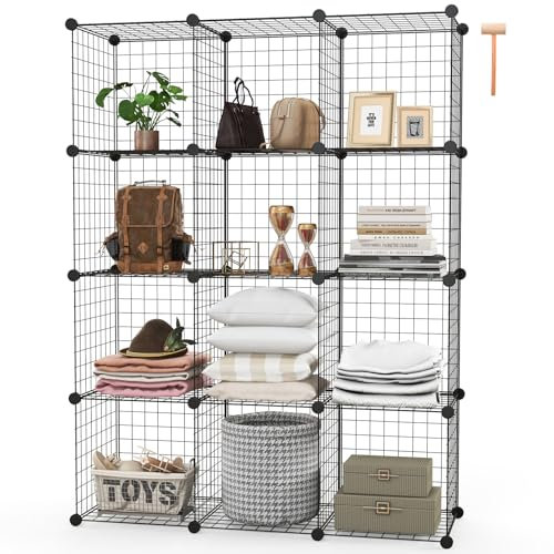 Multigot 12 Cube Wire Storage Shelves, Multifunctional DIY Interlocking Frame Wardrobe Closet Cabinet Rack, Books Clothes Display Organiser Unit for Livingroom Bedroom (Black, 110x37x145cm)