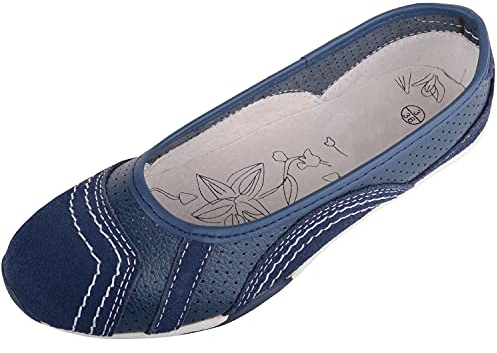 Womens Genuine Leather Slip On Casual Ballerina Style Pump Dolly Shoes - Navy - UK 4 / EU 37