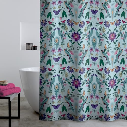 Catherine Lansfield Mya Tropical Bird 180x180cm Shower Curtain Panel Duck egg Blue