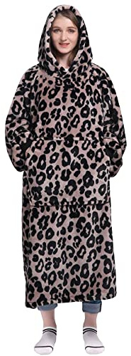 Waitu Wearable Blanket Sweatshirt Gifts for Women and Men, Warm and Cozy Blanket Hoodie, Thick Flannel Hoodie Blanket, Blanket Robe for Adults and Kids - Leopard