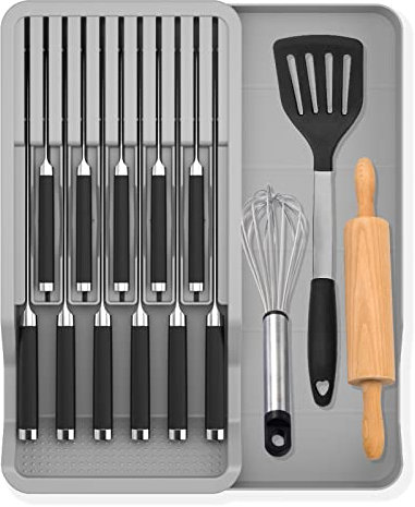 Mulikeer Expandable Drawer Knife Insert Organizer - Plastic Knife Storage Tray for Kitchen Drawers, Adjustable to Fit 11 Knives, BPA-Free, Ventilated, Space-Saving, Easy to Clean