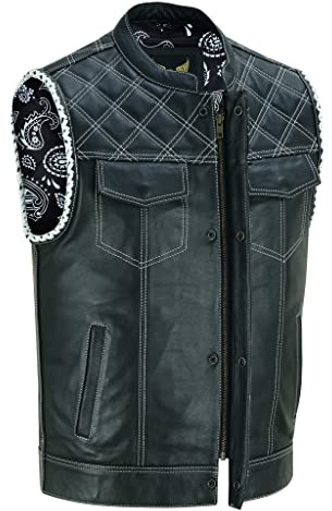 Leatherick Gilet da motociclista in pelle nera da uomo - Fodera tradizionale in raso Paisley con cuciture a rombi bianchi e intreccio intrecciato a mano sul giromanica (M-EUR48)