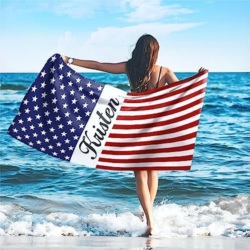 SearchI Personalised Beach Towel with Name 76x152cm,Custom Bath Towels with Name for Swimming Pool Bathroom Camping Travel,Quick Dry Microfiber Beach Towel for Adults Kids Lovers Birthday,US Flag