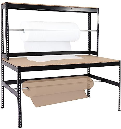Mendler Packstation HWC-J84, Packtisch Arbeitstisch Werktisch, Rollenhalter höhenverstellbar, Holz Stahl 183x183x90cm, schwarz