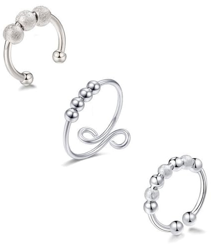 3 st anti-stress ringar för kvinnor, pärlring, justerbar stapel fidget ring, justerbar anti-ångest ring, flickor spinner ringar, stressavlastare kvinnor presenter till kvinnor mamma fru, L, Zink,